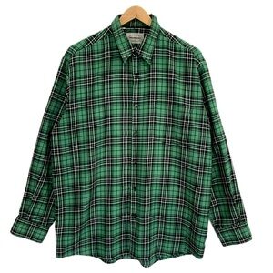 Woolworths Flannel Plaid Shirt Mens Size Large Kelly Green Long Sleeve Button Up